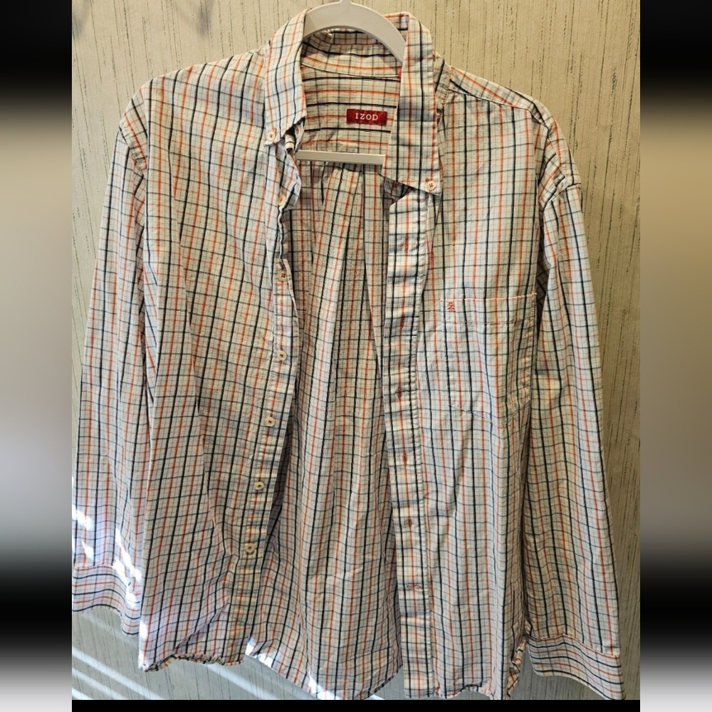 Izod Men's Blue and Orange Checkered Shirt